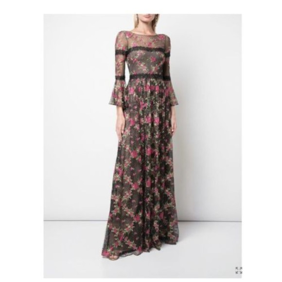 MARCHESA NOTTE Black Floral Embroidered Lace Long Bell Sleeve Romantic Gown 4 US - Picture 1 of 10